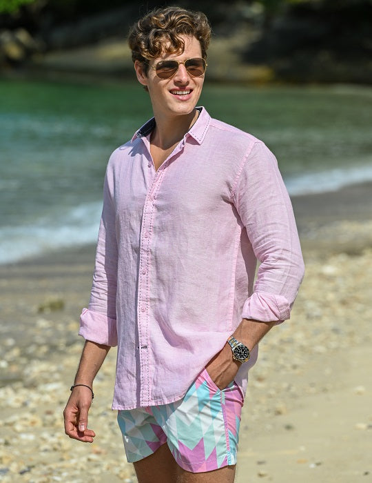 St Barth Saddle Stitch Solid Linen Long Sleeve Shirts