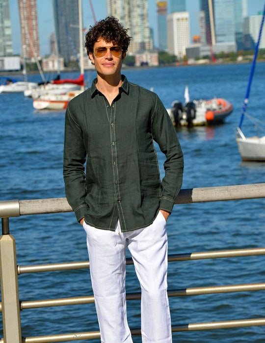 St Barth Solid Contrast Stitched Linen Long Sleeve Shirts