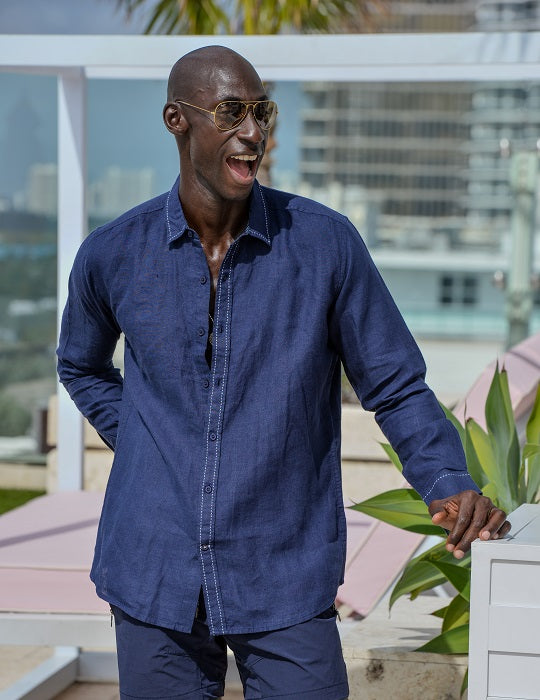 Men's St Barth Saddle Stitch Solid Linen Long Sleeve Shirts