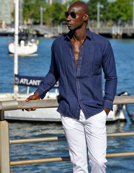 Men's St Barth Solid Contrast Stitched Linen Long Sleeve Shirts