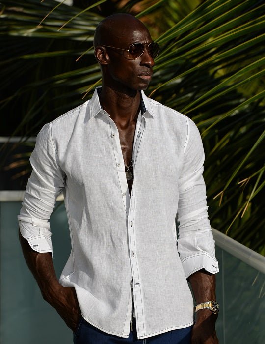 Men's St Barth Solid Contrast Stitched Linen Long Sleeve Shirts