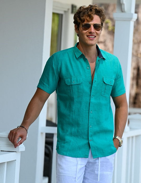 Aruba Solid Short Sleeve Cargo Linen Shirts