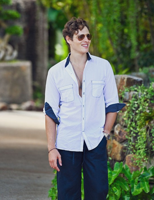 Oceanside Long Sleeve Linen Shirt with Contrast Stitching