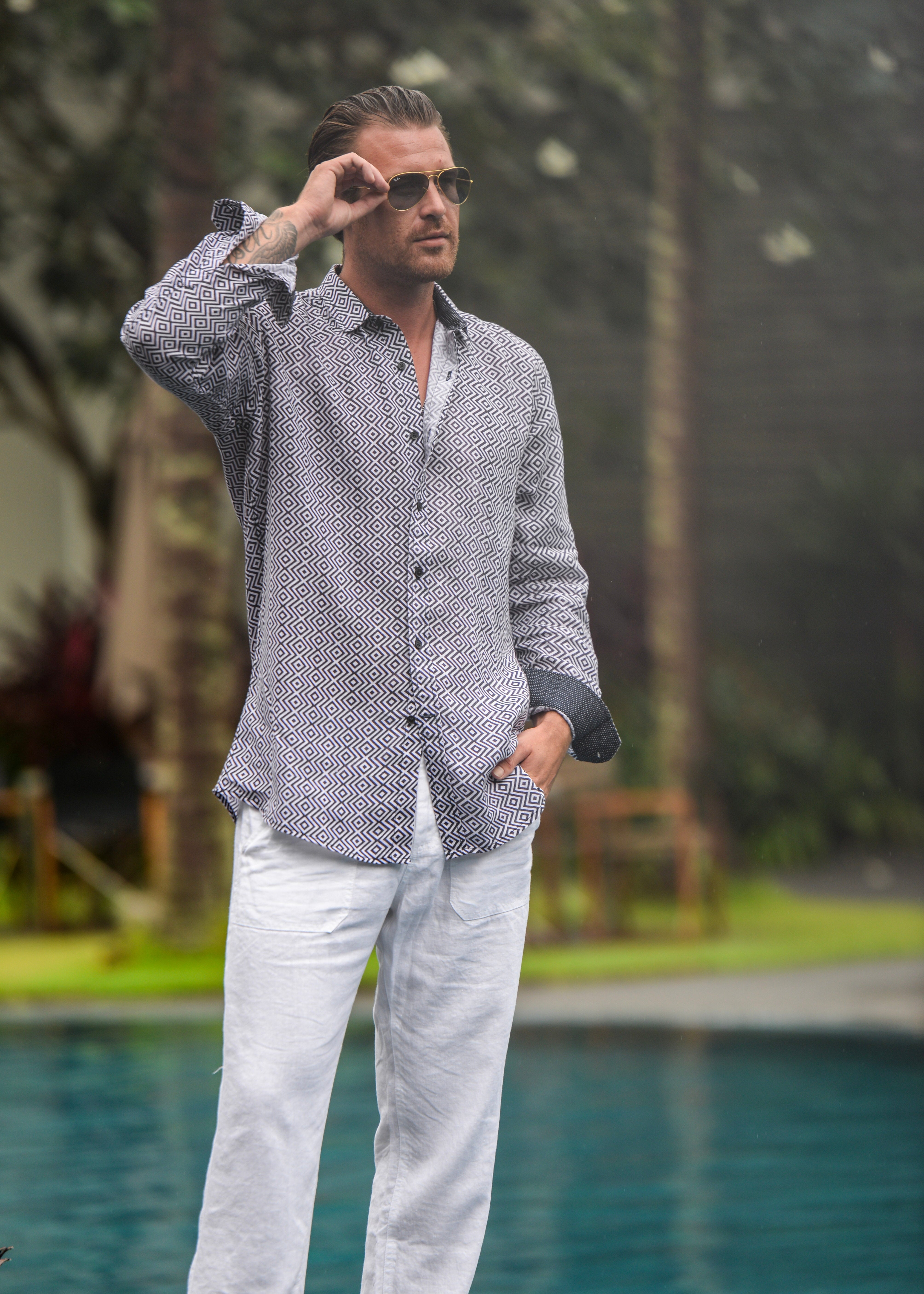 Men's St Barth Patterned Linen Long Sleeve Shirts
