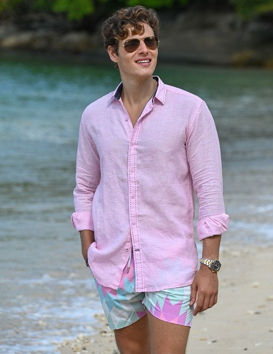 St Barth Saddle Stitch Solid Linen Long Sleeve Shirts