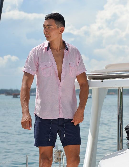Men's Aruba Solid Short Sleeve Cargo Linen Shirts