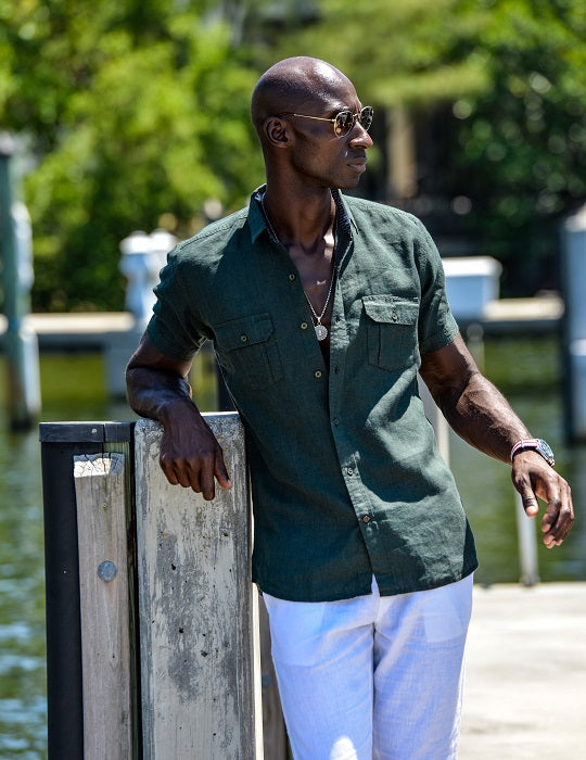 Men's Aruba Solid Short Sleeve Cargo Linen Shirts