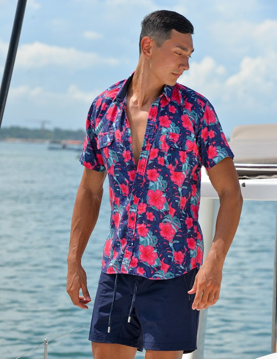 Men's Aruba Patterned Short Sleeve Cargo Linen Shirts