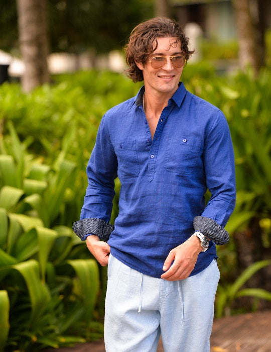 Ibiza Long Sleeve Solid Pull on Linen Shirts