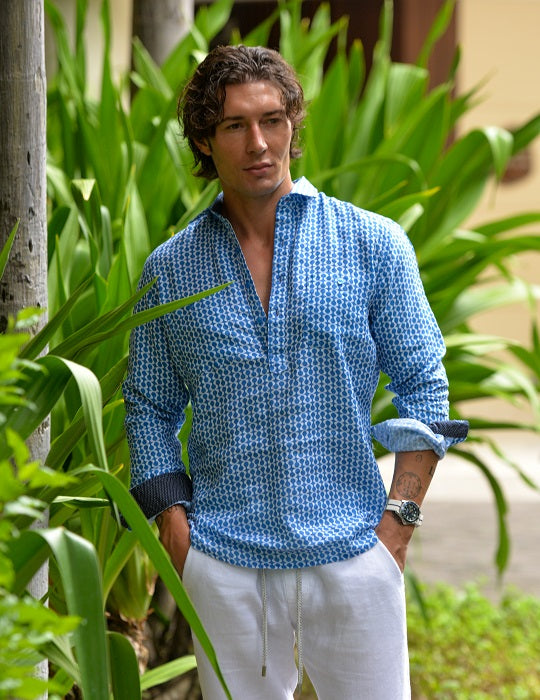 Men's Ibiza Long Sleeve Patterned Pull on Linen Shirts