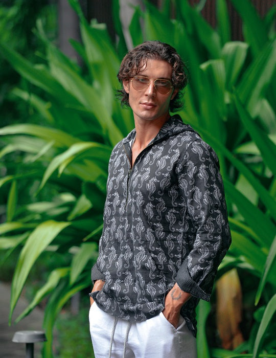 Men's Long Beach Patterned Linen Hoodies