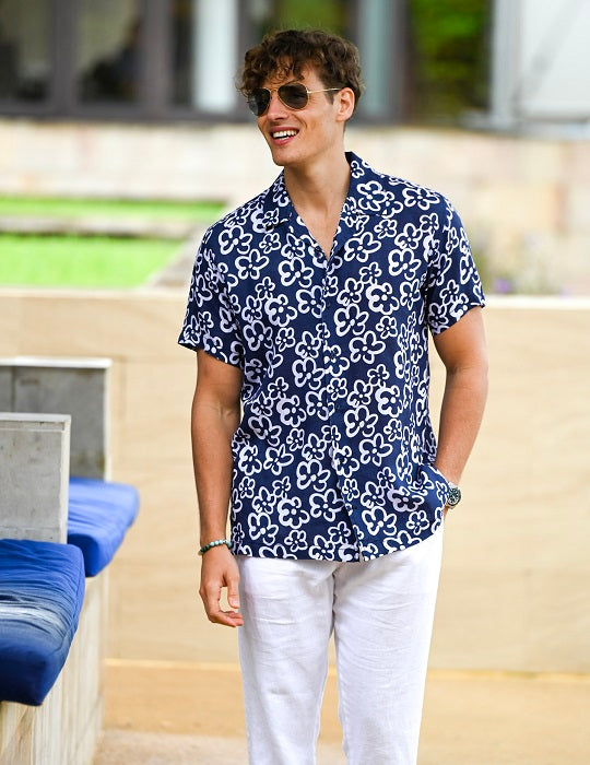 Men's Mustique Patterned Short Sleeve Camp Collar Linen Shirts - Mirasol