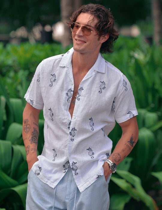 Men's Mustique All Over Embroidered Short Sleeve Camp Collar Linen Shirts