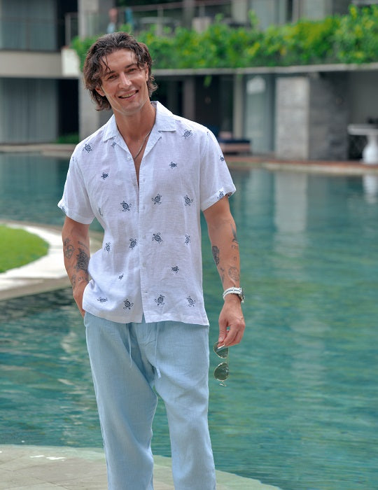 Men's Mustique All Over Embroidered Short Sleeve Camp Collar Linen Shirts