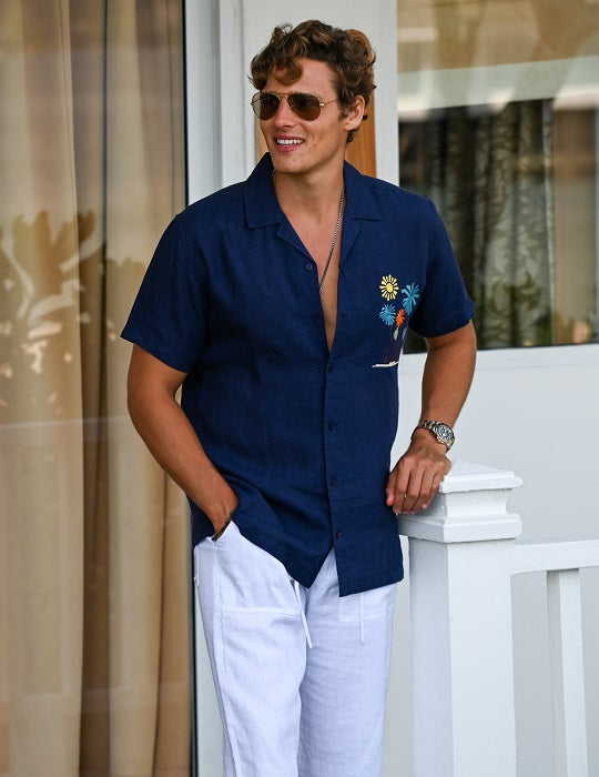 Men's Mustique Palms Linen Short Sleeve Shirts with Chest Embroidery