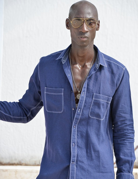 Oceanside Long Sleeve Linen Shirt with Contrast Stitching