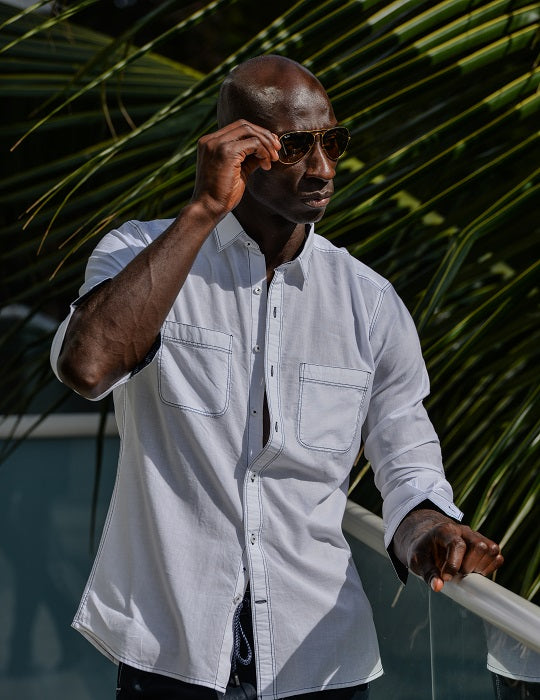 Oceanside Long Sleeve Linen Shirt with Contrast Stitching