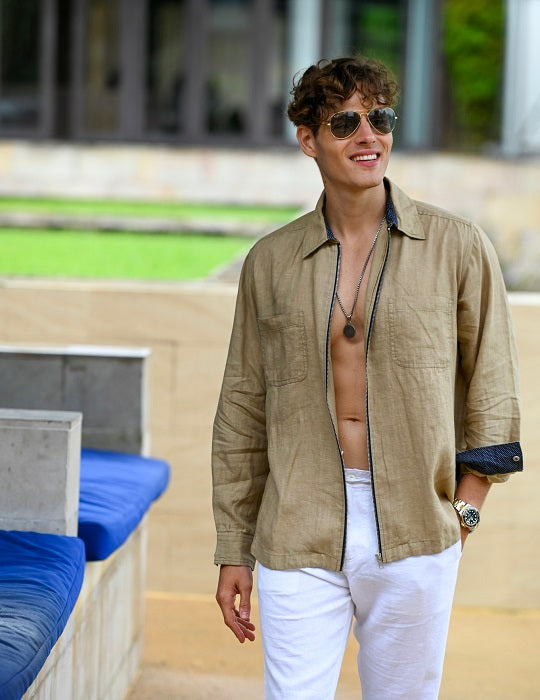 Men's Pitt Solid Long Sleeve Linen Zip Front Shirts