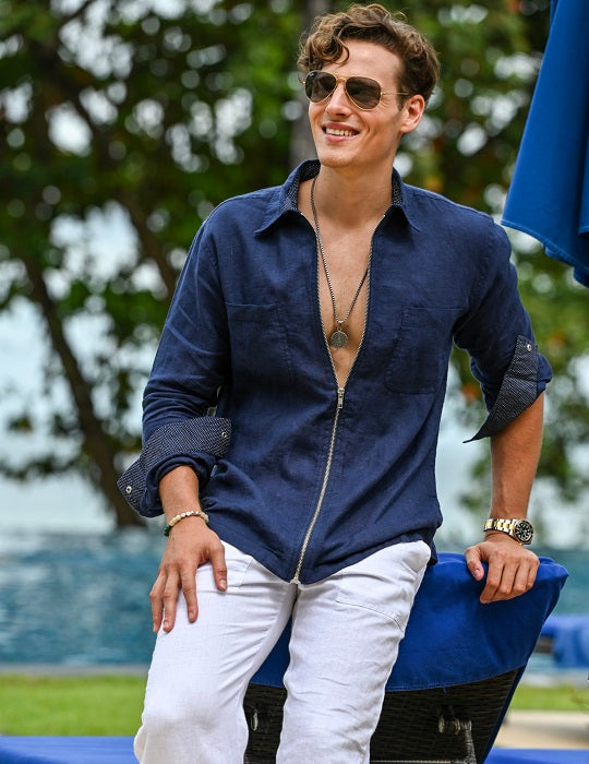 Men's Pitt Solid Long Sleeve Linen Zip Front Shirts