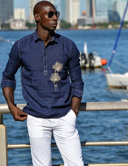 Men's Sardinia Embroidered Long Sleeve Pull on Linen Shirts