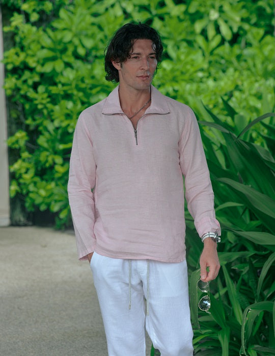 Men's Sicily Solid Long Sleeve Zip Up Linen Shirts