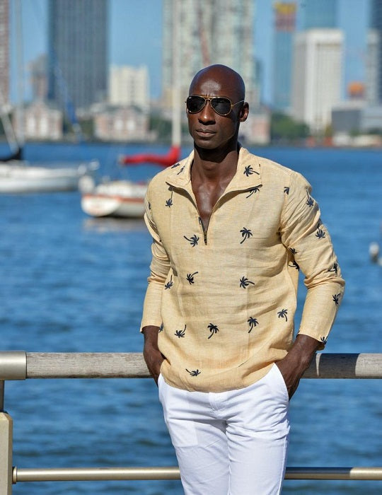 Men's Sicily All Over Embroidered Long Sleeve Zip Up Linen Shirts