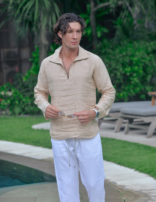 Sicily Solid Long Sleeve Zip Up Linen Shirts