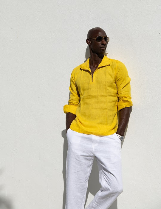 Men's Sicily Solid Long Sleeve Zip Up Linen Shirts