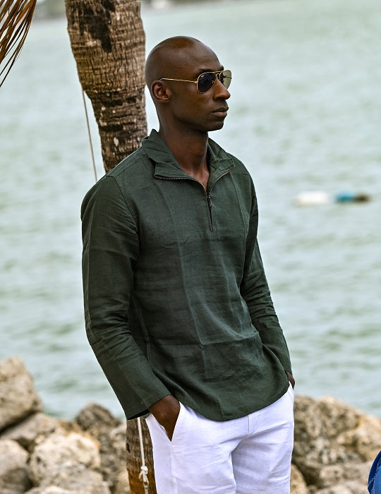 Men's Sicily Solid Long Sleeve Zip Up Linen Shirts