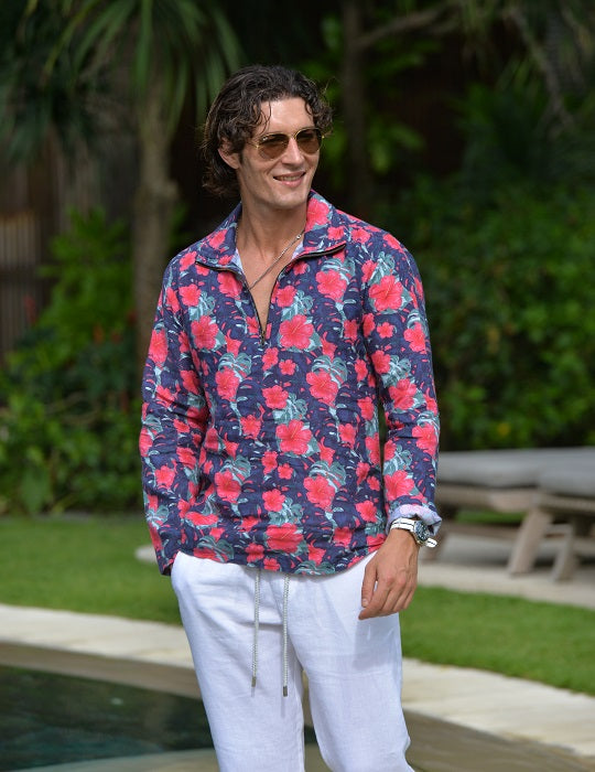 Men's Sicily Patterned Long Sleeve Zip Up Linen Shirts