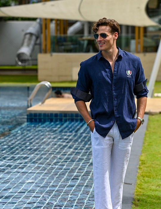 Men's St Barth with Italy Embroidery Linen Long Sleeve Shirts