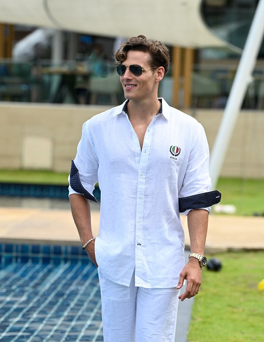 Men's St Barth with Italy Embroidery Linen Long Sleeve Shirts