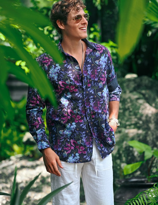 Men's St-Jean Lightweight Cotton Voile Shirt – Midnight Flowers