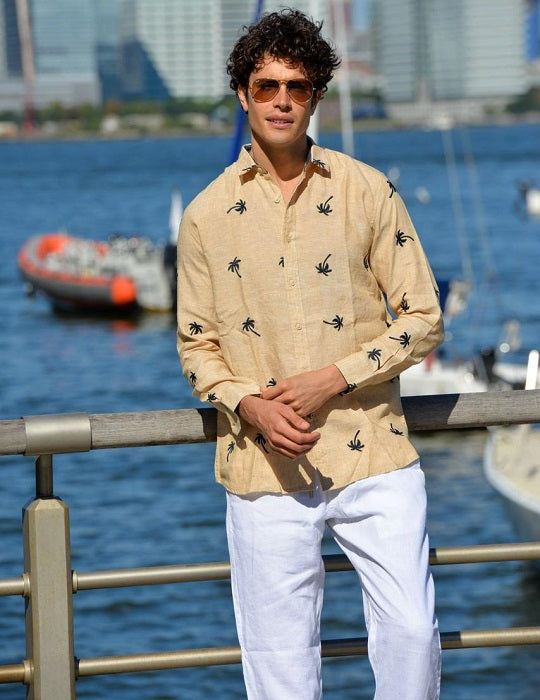 Men's St Barth Embroidered (Beige with Navy Palm) Linen Shirt