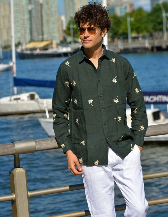 Men's St Barth All Over Embroidered Linen Long Sleeve Shirts