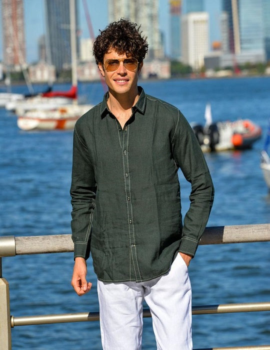 Men's St Barth Solid Contrast Stitched Linen Long Sleeve Shirts