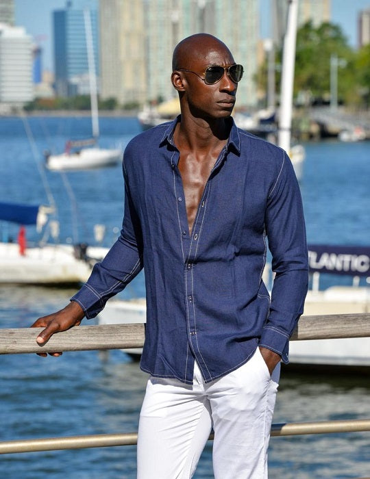Men's St Barth Solid Contrast Stitched Linen Long Sleeve Shirts