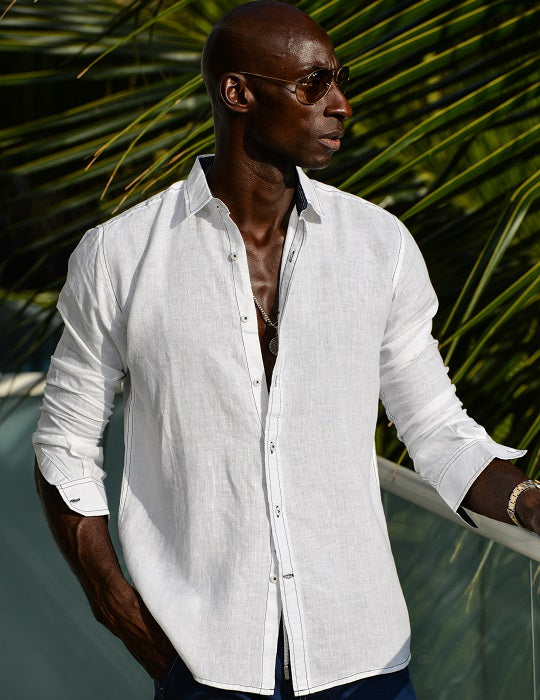 Men's St Barth Solid Contrast Stitched Linen Long Sleeve Shirts
