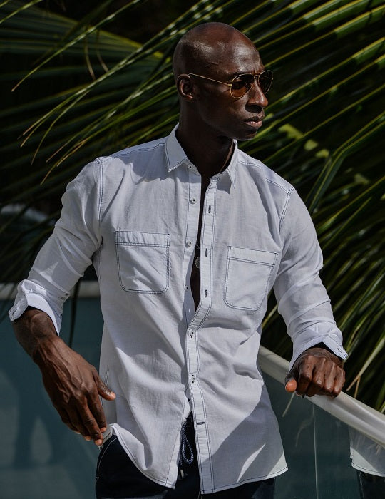 Oceanside Long Sleeve Linen Shirt with Contrast Stitching