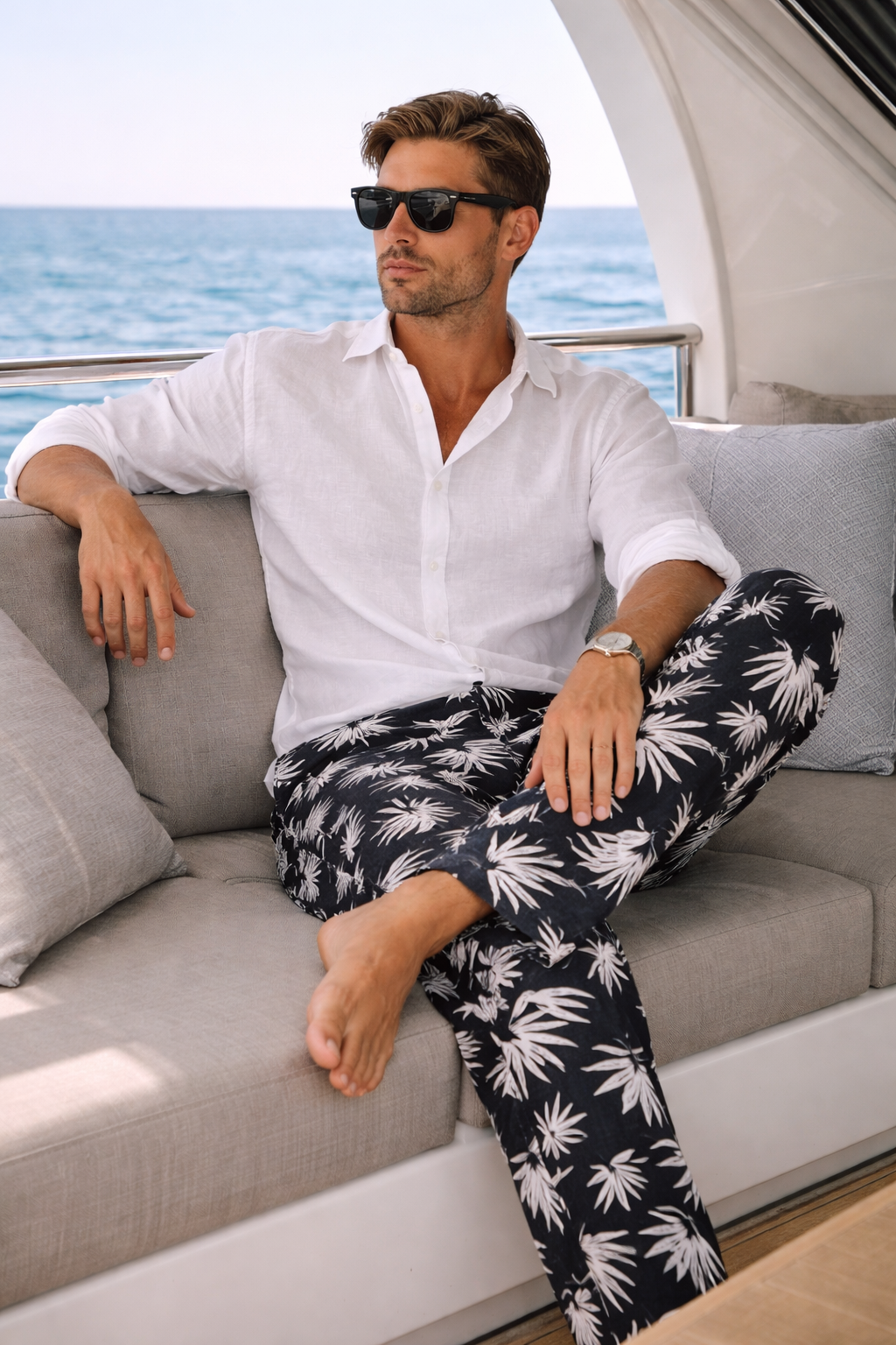 Men's Barbuda Patterned Linen Pants - Black and White Leaves