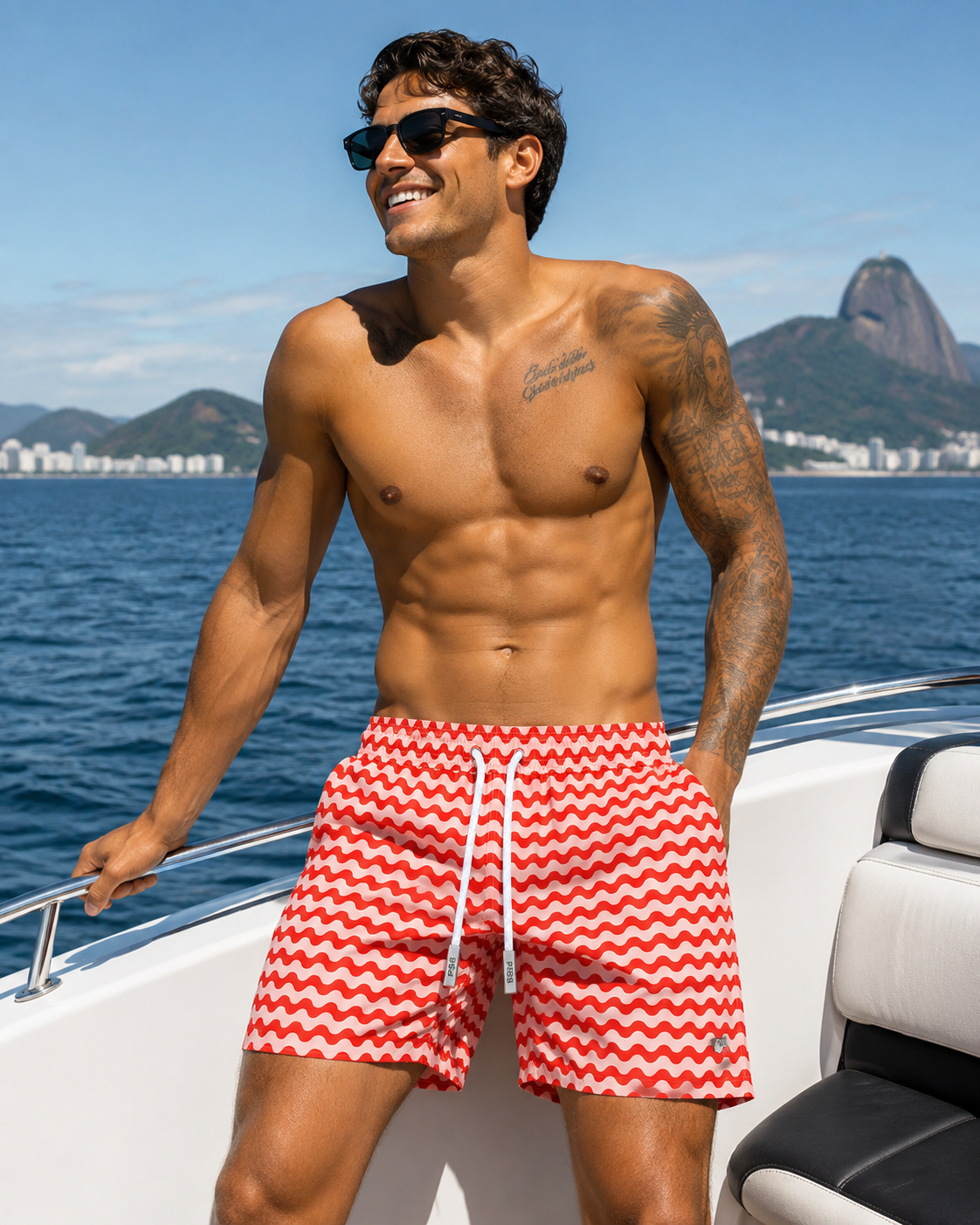 Men's Pier Sports Swim Shorts - Orange and Peach Waves