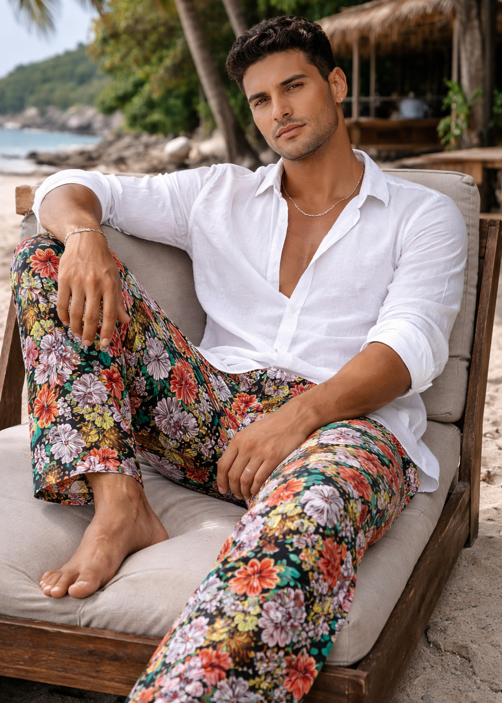 Men's Barbuda Patterned Linen Pants - Black and Blue Poppie