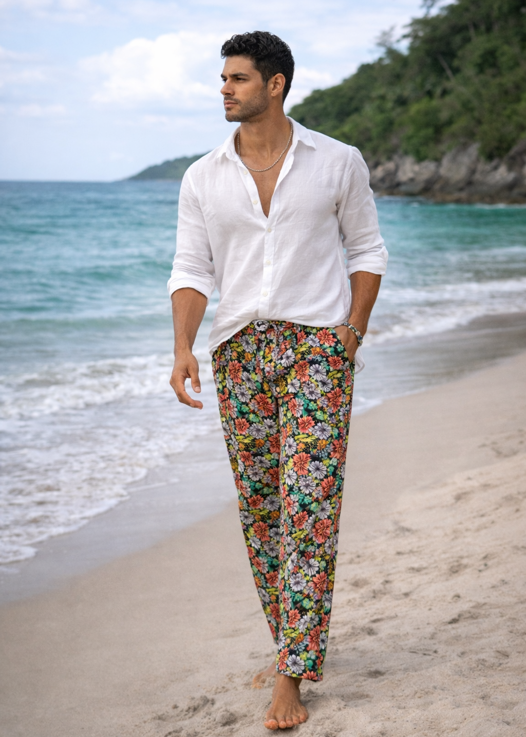 Men's Barbuda Patterned Linen Pants - Black and Blue Poppie