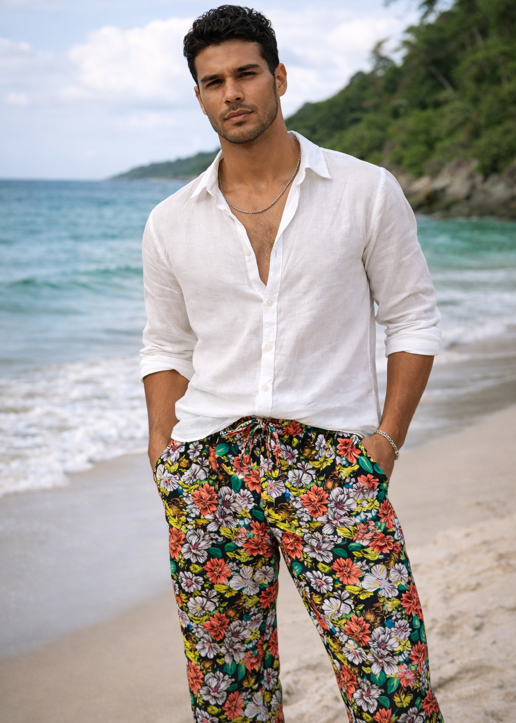 Men's Barbuda Patterned Linen Pants - Black and Blue Poppie