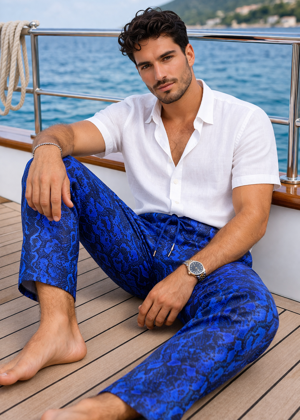 Men's Barbuda Patterned Linen Pants - Navy and Blue Python