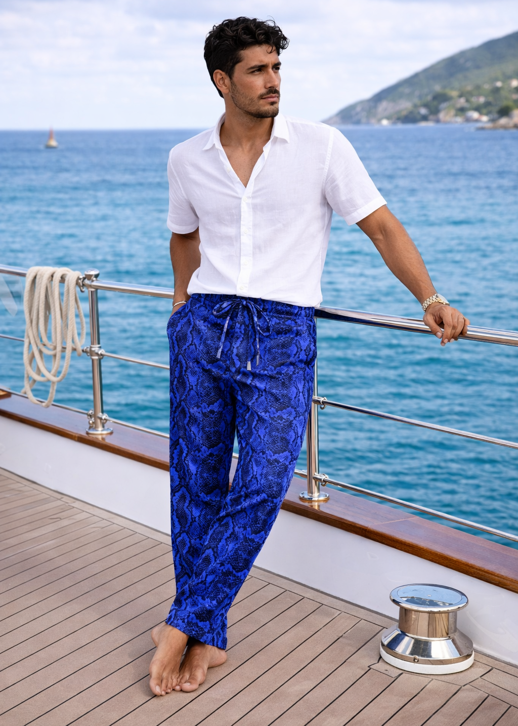 Men's Barbuda Patterned Linen Pants - Navy and Blue Python