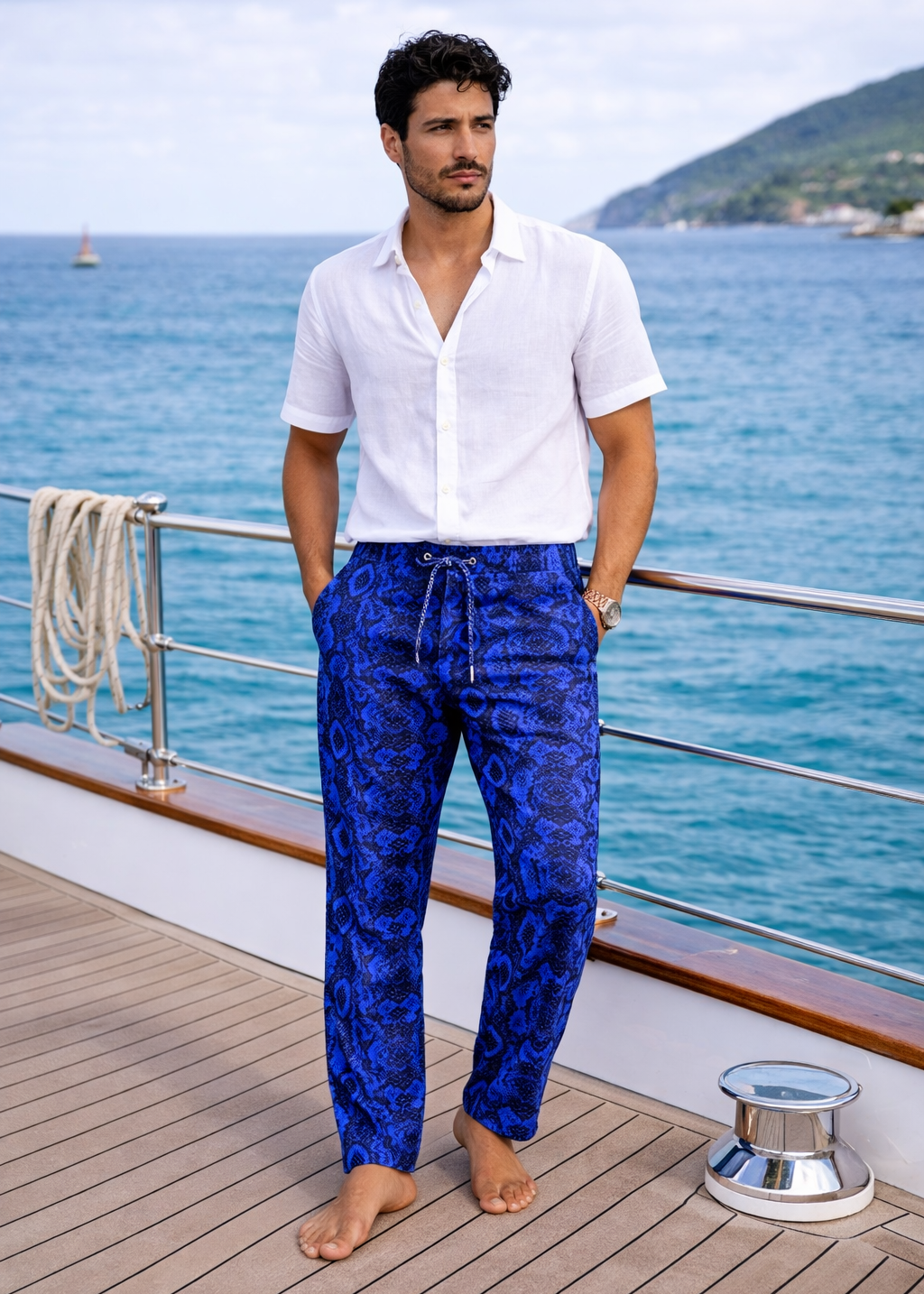 Men's Barbuda Patterned Linen Pants - Navy and Blue Python