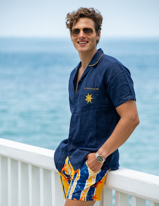 Tenerife Blanket Short Sleeve Camp Collar Linen Shirt with Distinctive Sun Embroidery on Pocket