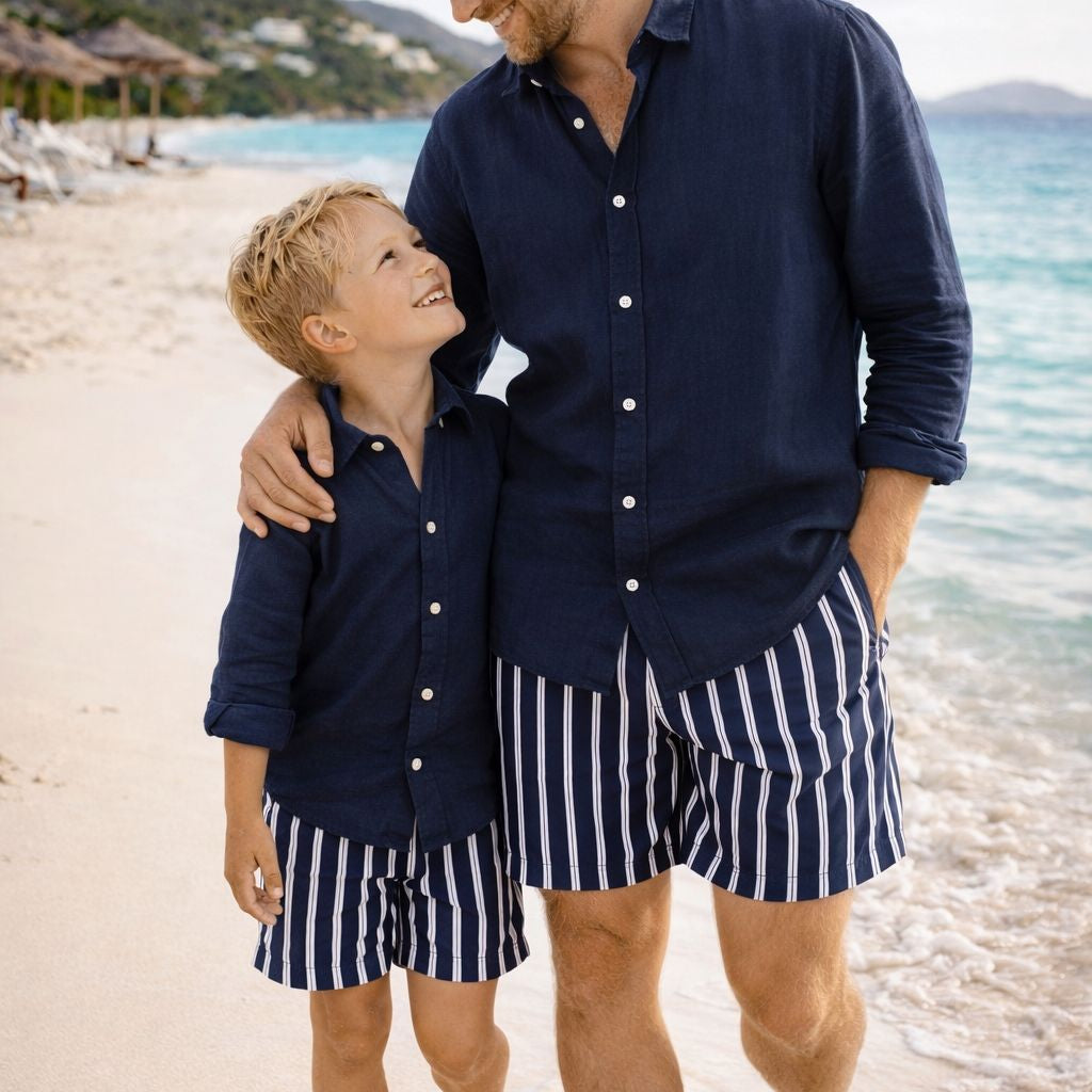 Father and Son - Pier Swim Shorts - Navy Stripes