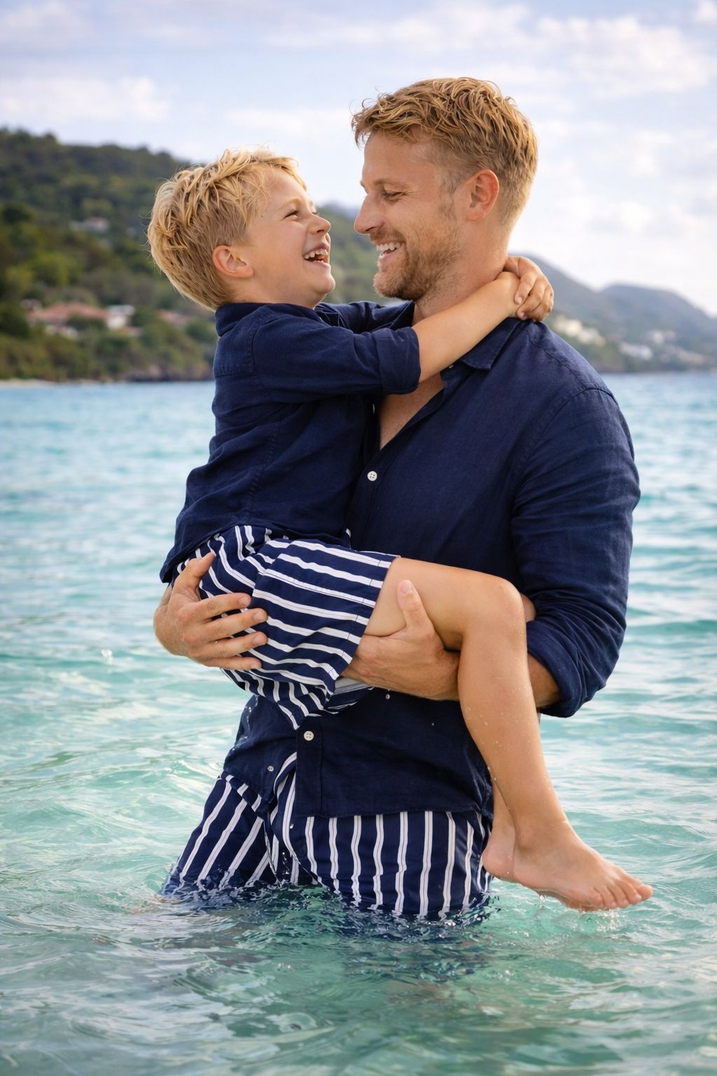 Father and Son - Pier Swim Shorts - Navy Stripes
